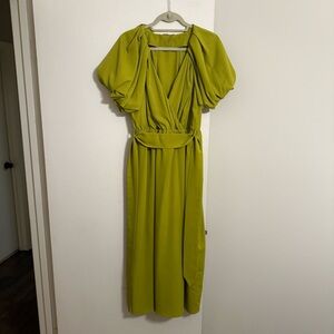 entro Chartreuse Puff-Sleeve Wrap Midi Dress